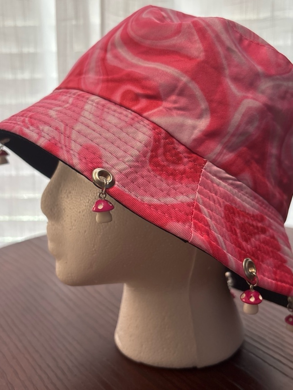 Pink Tie-Dye Bucket Hat with Mushroom Charms - Women Accessories